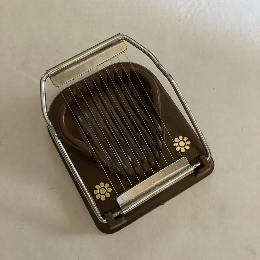 Egg Slicer Brown 1970s Vintage Kitsch White Flowers Hong Kong